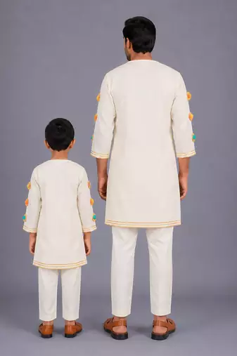 White printed cotton father son kurta combo set