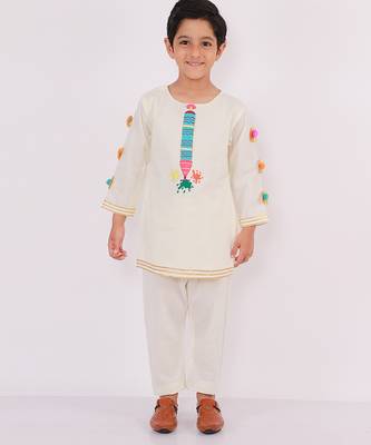 White printed cotton father son kurta combo set 3