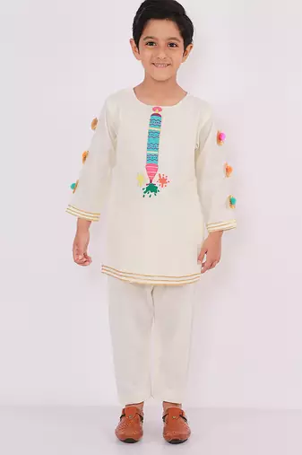 White printed cotton father son kurta combo set