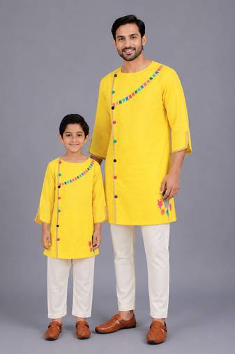 Yellow gota patti embroidered cotton father son kurta combo set