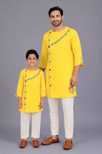 Yellow gota patti embroidered cotton father son kurta combo set