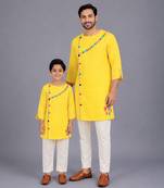 Yellow gota patti embroidered cotton father son kurta combo set