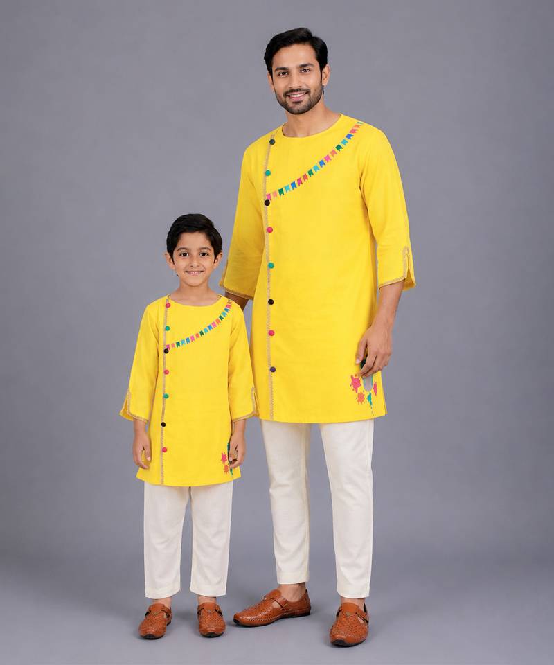 Yellow gota patti embroidered cotton father son kurta combo set