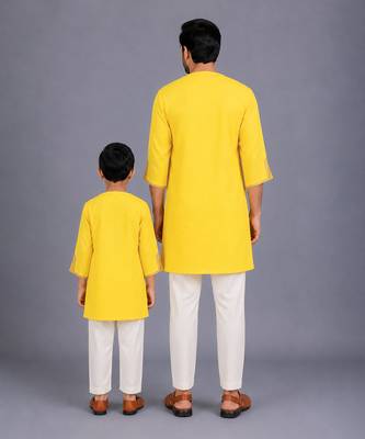 Yellow gota patti embroidered cotton father son kurta combo set 2