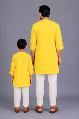 Yellow gota patti embroidered cotton father son kurta combo set