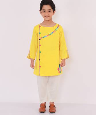 Yellow gota patti embroidered cotton father son kurta combo set 3