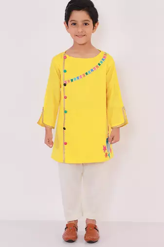 Yellow gota patti embroidered cotton father son kurta combo set
