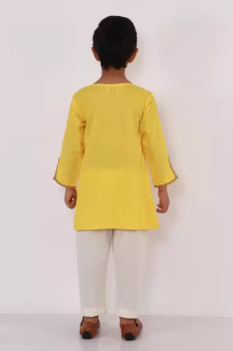 Yellow gota patti embroidered cotton father son kurta combo set