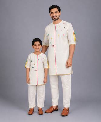 White printed cotton father son kurta combo set 1