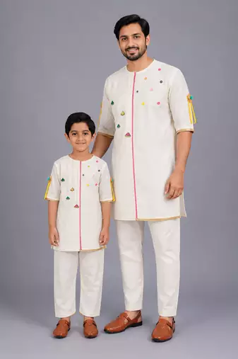 White printed cotton father son kurta combo set