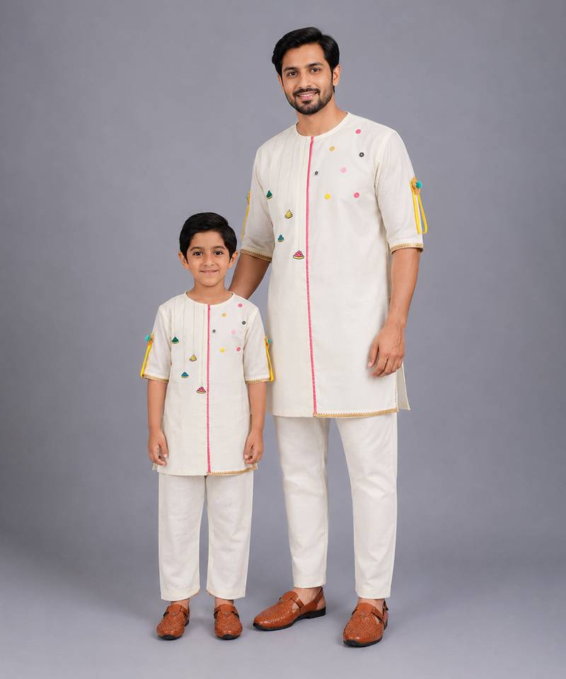 White printed cotton father son kurta combo set