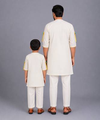 White printed cotton father son kurta combo set 2