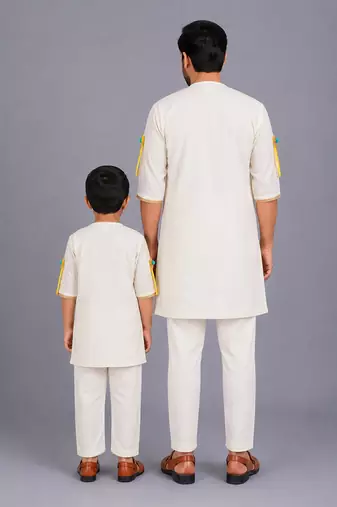 White printed cotton father son kurta combo set