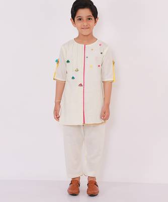 White printed cotton father son kurta combo set 3