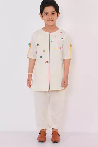 White printed cotton father son kurta combo set