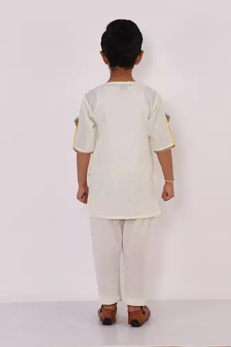 White printed cotton father son kurta combo set