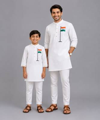 White flag printed cotton father son kurta combo set 1