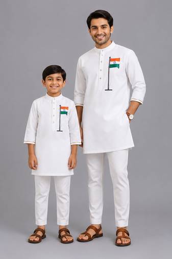 White flag printed cotton father son kurta combo set