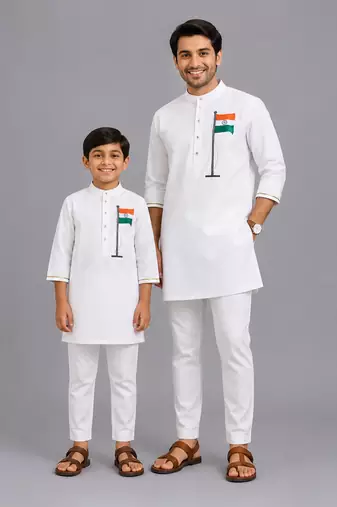 White flag printed cotton father son kurta combo set
