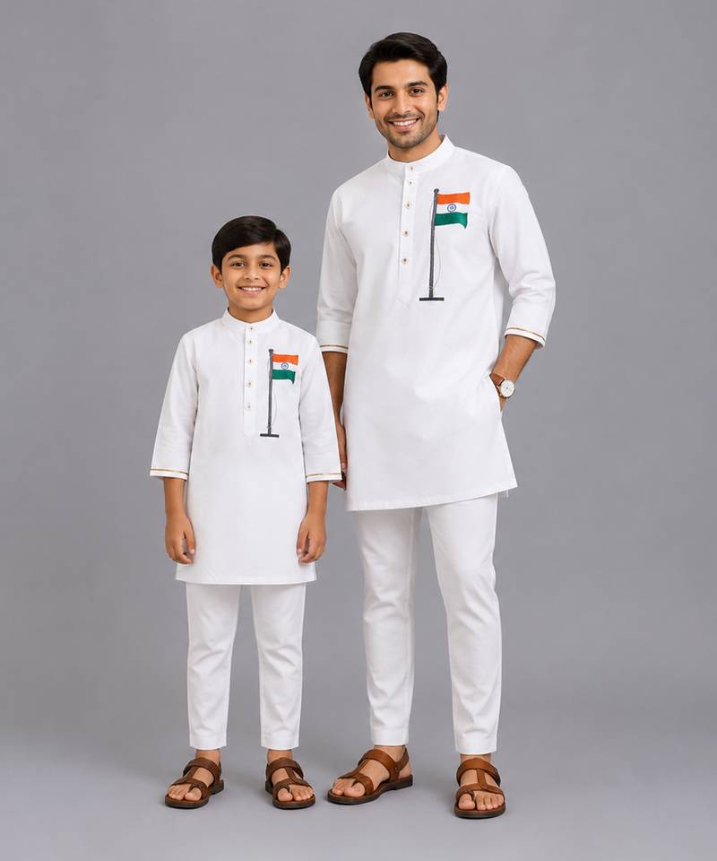 White flag printed cotton father son kurta combo set