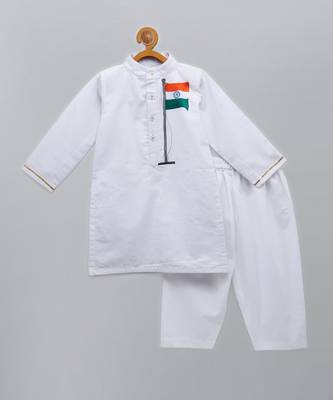 White flag printed cotton father son kurta combo set 3