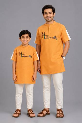 Saffron orange printed cotton silk father son kurta combo set