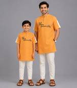 Saffron orange printed cotton silk father son kurta combo set