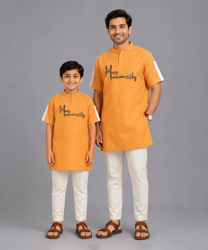 Saffron orange printed cotton silk father son kurta combo set