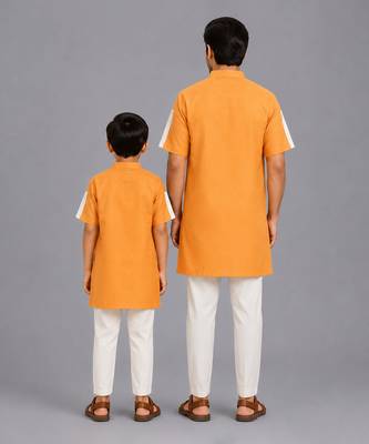 Saffron orange printed cotton silk father son kurta combo set 2