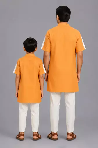 Saffron orange printed cotton silk father son kurta combo set