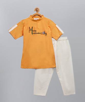 Saffron orange printed cotton silk father son kurta combo set 3