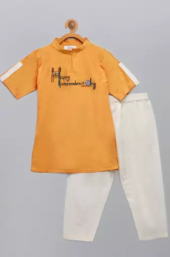 Saffron orange printed cotton silk father son kurta combo set