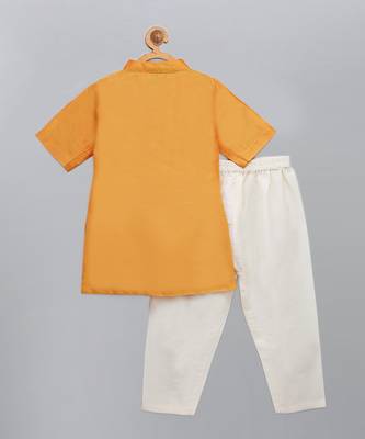 Saffron orange printed cotton silk father son kurta combo set 4