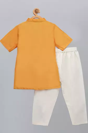 Saffron orange printed cotton silk father son kurta combo set