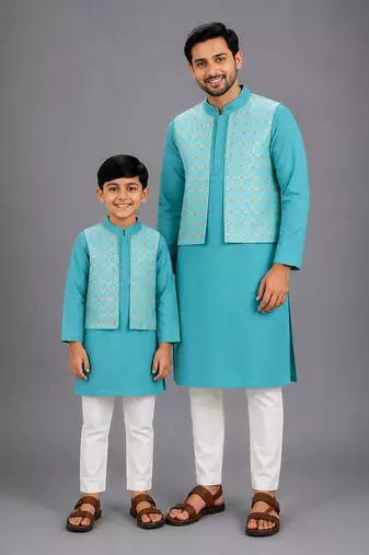 Aqua blue cotton silk father son kurta combo set