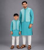 Aqua blue cotton silk father son kurta combo set