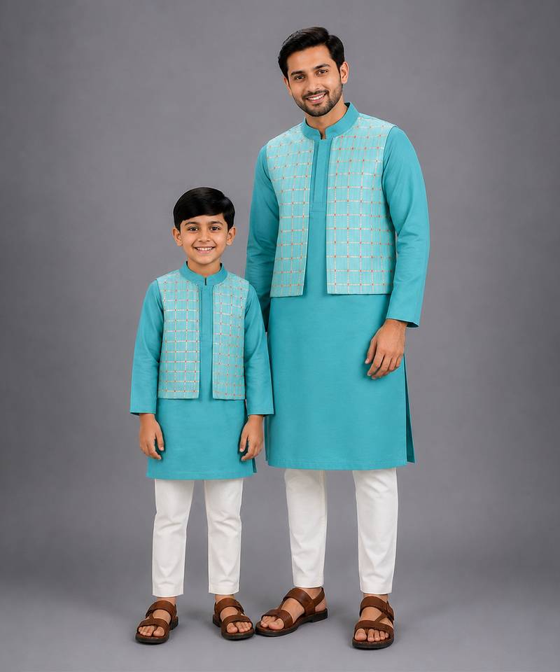 Aqua blue cotton silk father son kurta combo set