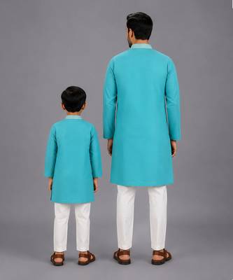 Aqua blue cotton silk father son kurta combo set 2