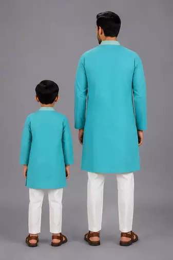 Aqua blue cotton silk father son kurta combo set