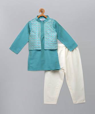 Aqua blue cotton silk father son kurta combo set 3