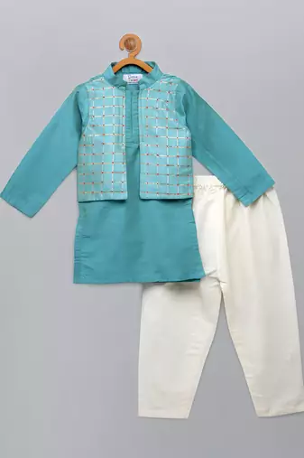 Aqua blue cotton silk father son kurta combo set