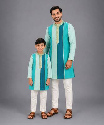 Teal multicolor cotton silk father son kurta combo set 1