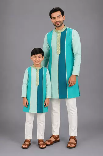 Teal multicolor cotton silk father son kurta combo set