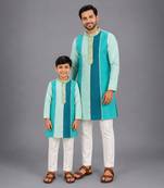 Teal multicolor cotton silk father son kurta combo set