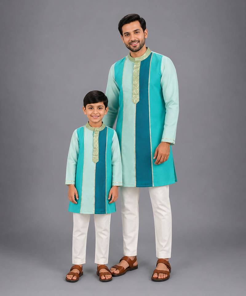 Teal multicolor cotton silk father son kurta combo set