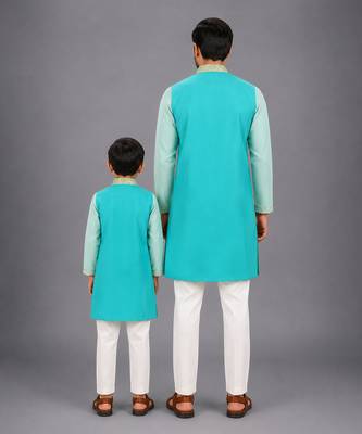 Teal multicolor cotton silk father son kurta combo set 2