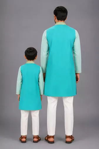 Teal multicolor cotton silk father son kurta combo set
