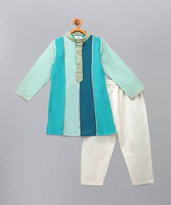 Teal multicolor cotton silk father son kurta combo set 3