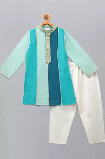 Teal multicolor cotton silk father son kurta combo set