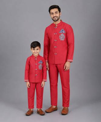 Red embroidered cotton silk father son bandhgala combo set 1